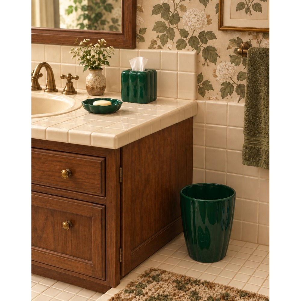 Vintage Vohann California Dark Green Ceramic 3Pc Bath Set Tissue Wastebasket